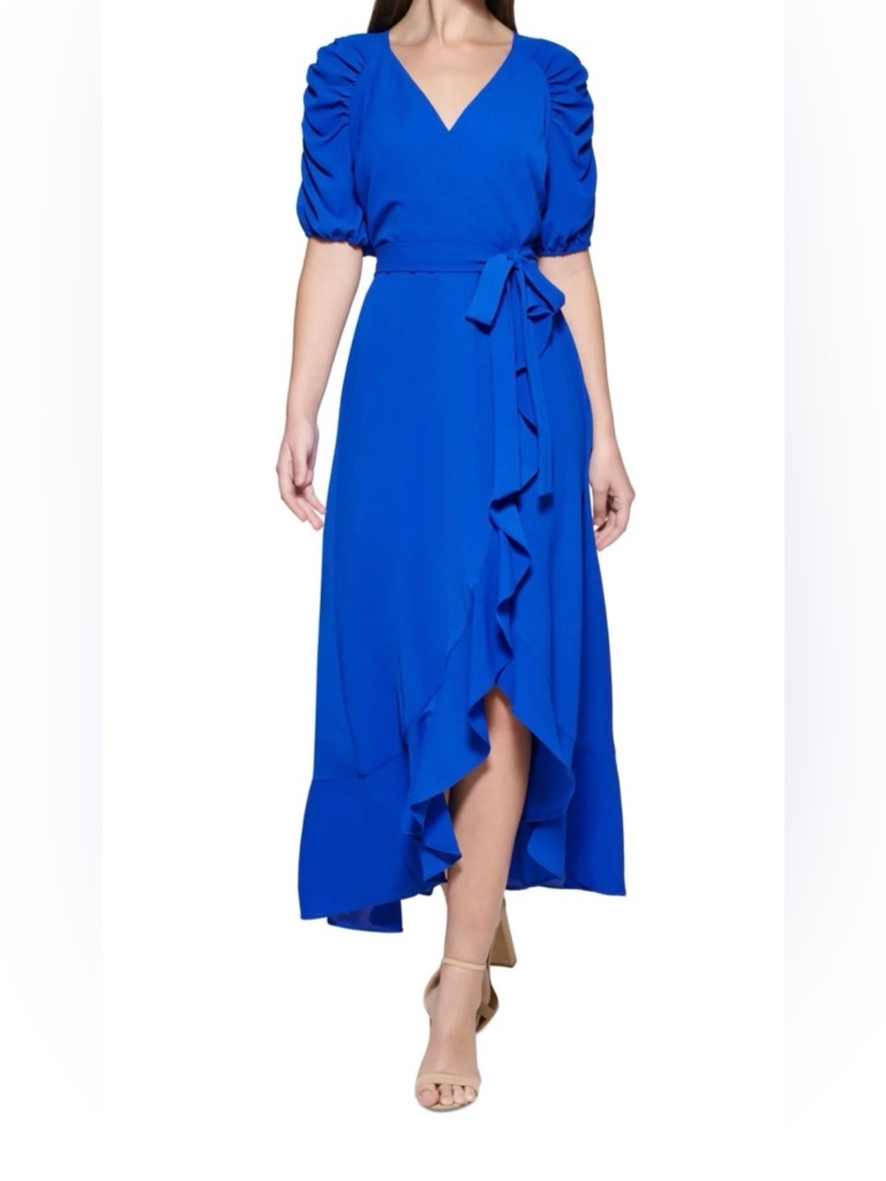 Kensie Cobalt Blue V-Neck Ruffle faux Wrap High-Low Dress
